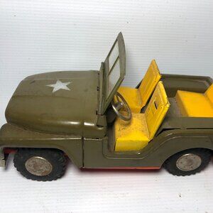 Vintage Tin Litho Friction Jeep Willys Military Police SSS Shioji Co.